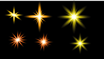 Bright shining light effects with bright flashes. Set of light effects, shimmers, sparkles, sun glare, lens effects.