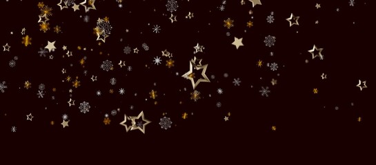 Elegant festive background with gold stars and snowflakes floating on a dark brown background. Perfect for Chri