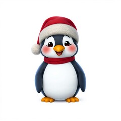 Fototapeta premium Festive Penguin in Holiday Attire: A charming penguin wearing a red Santa hat and scarf, embodies the joy and warmth of the winter holiday season. 