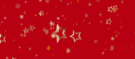 Elegant red backdrop with sparkling gold stars, snowflakes, perfect for holiday greetings and Christmas designs. Festive bac © vegefox.com