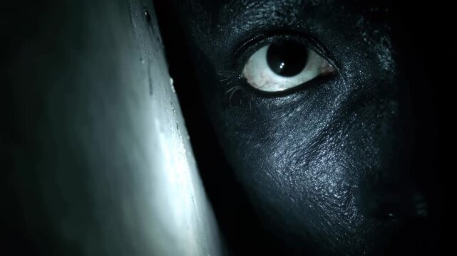 Close-up view of a face painted in dark colors peeking from behind an object in a dimly lit environment, capturing the essence of mystery and curiosity