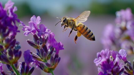 Bee hovering above lavender field, wings beating so fast they create subtle prismatic halo effects