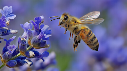 Bee hovering above lavender field, wings beating so fast they create subtle prismatic halo effects