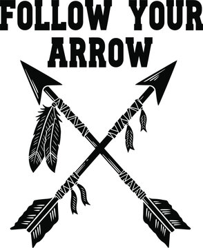 Follow your arrow typography with crossed arrows for adventure logo, boho tribal badge, direction navigation symbol and isolated on transparent travel graphic illustration