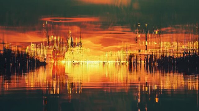 Abstract cityscape elements and a vibrant sunset reflecting on disturbed water, illustrating a futuristic, surreal, and digital art concept with glitch effects