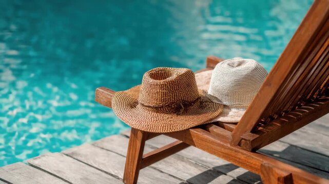 Two stylish hats resting on a wooden lounge chair by a sparkling blue pool on a sunny day, inviting relaxation and leisure