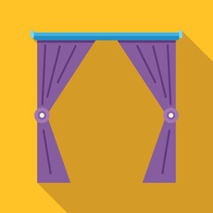 Purple curtains opening in a window frame with a light blue rod, featuring a long shadow