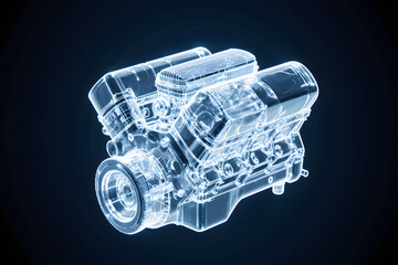 Detailed transparent V8 engine blueprint glowing blue against dark background