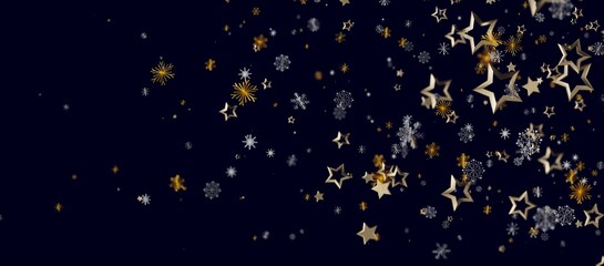 Elegant image of gold stars and snowflakes falling against a deep blue background. Perfect for holiday themes a