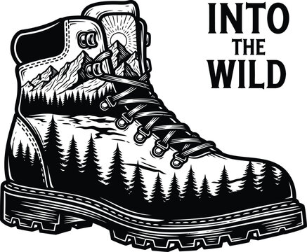 Into wild typography with hiking boot and landscape for outdoor logo, mountain travel adventure badge, camping nature emblem and isolated on transparent graphic illustration