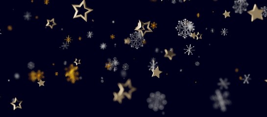 Abstract background featuring golden stars and snowflakes on a dark, elegant backdrop for Christmas or winter d