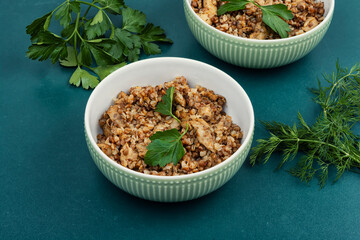 Buckwheat porridge with meat, healthy dinner.