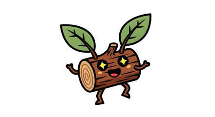 Fototapeta premium A cute cartoon log character with sparkling eyes and green leaves.