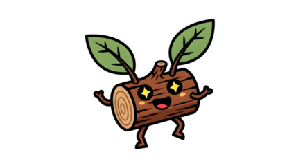 A cute cartoon log character with sparkling eyes and green leaves.