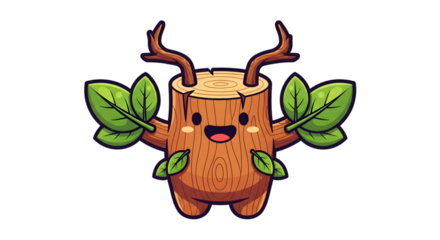 A cute cartoon tree stump character with a happy face, small branches, and green leaves.