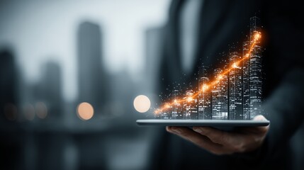 Futuristic businessman holding tablet with glowing city hologram and rising growth line, symbolizing digital business success.