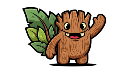 A friendly, cartoon wooden tree stump character with green leaves waving hello on a white background.