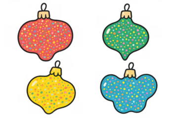 Colorful christmas baubles with various shapes, cute cartoon illustration of holiday decorations, transparent background
