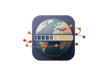A 3D icon of a globe with a network of connections, symbolizing social media and global networking, with a progress bar for follower count.