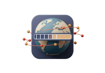 A 3D icon of a globe with a network of connections, symbolizing social media and global networking, with a progress bar for follower count.
