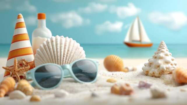Sunglasses resting on sandy shore with seashells and beach elements in a bright summer setting