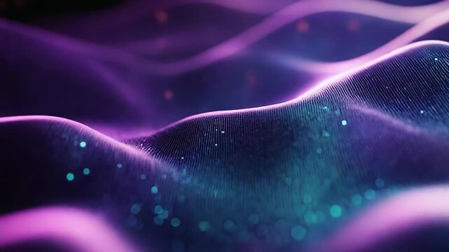 Abstract digital waves comprising glowing particles representing big data visualization, modern information flow, internet network connections, and futuristic technology concepts