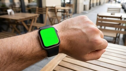 Person Checking Time on Smartwatch in Outdoor Cafe.