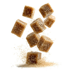 Dynamic shot of brown sugar cubes falling and creating a splash of granular sugar
