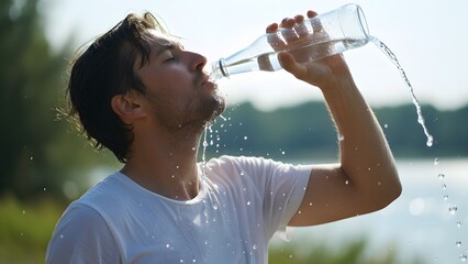 Young Man Drinking Water Outdoors in Nature.