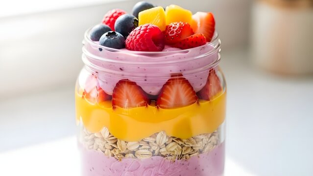 Delicious layered smoothie bowl with fresh fruits and granola in a mason jar - Powered by Adobe