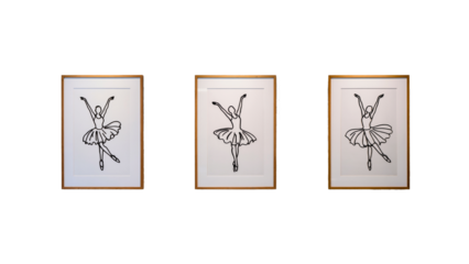 An elegant interior triptych featuring three vertical framed artworks. Each piece showcases a minimalist black and white line sketch of a dancing ballerina in a tutu. The art is enclosed in thin, mode