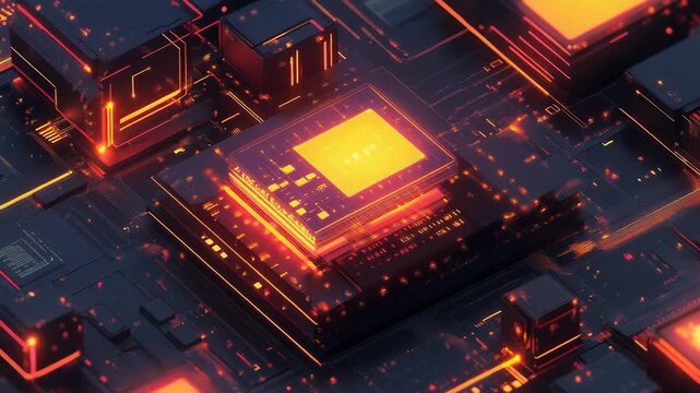 Central processing unit mounted on a glowing orange microchip board transferring digital data, symbolizing ai, high performance computing, machine learning and futuristic technology