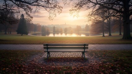 Serene Park Bench at Sunrise in Autumn.