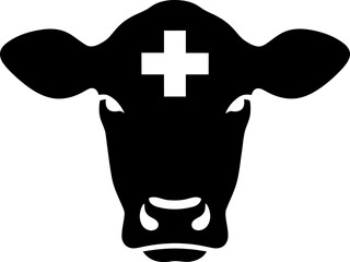 Obraz premium Black cow head with a white cross on its forehead. Agricultural livestock animal. Medical symbol for veterinary or farming concept. Vector icon for logo, pictogram