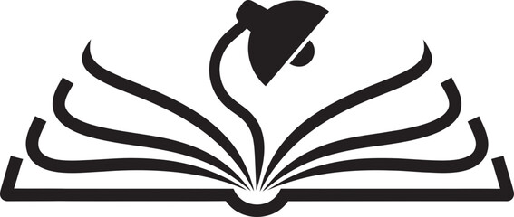 Open book with a desk lamp in simple flat black and white design. Education, knowledge, learning concept. Vector icon illustration for study, school, university