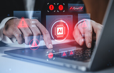 AI system error warning with digital hologram alerts and security breach signs while person types on laptop in futuristic tech concept background.