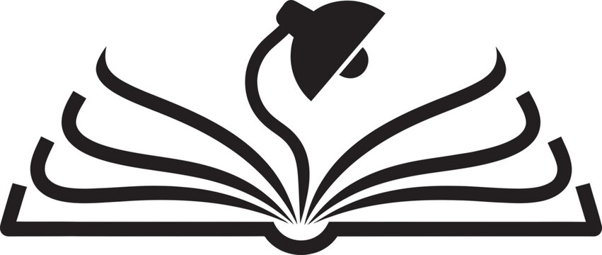 Open book with a desk lamp in simple flat black and white design. Education, knowledge, learning concept. Vector icon illustration for study, school, university