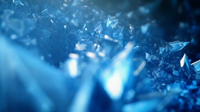 Blue sharp crystals forming an abstract texture with varying shades of light reflecting off the faceted surfaces, creating a sparkling and cool geometric background