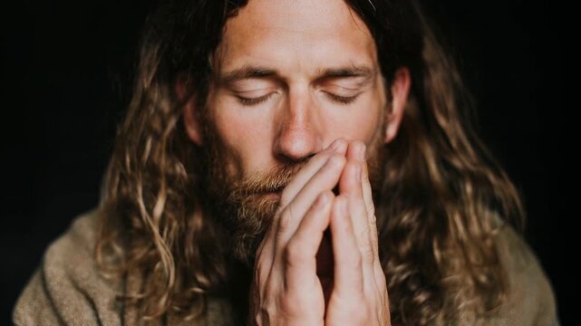 Bearded man with long hair closes eyes and folds hands in serene prayer expressing deep spiritual reflection hope and inner peace
