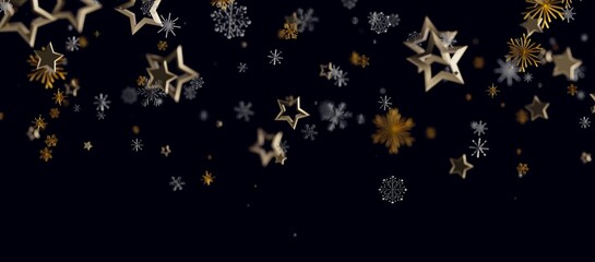 Festive image of gold stars and snowflakes floating against a dark background, perfect for holiday greetings, Ch © vegefox.com