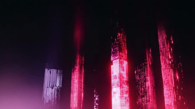 Glowing digital skyscrapers rise from red pink fog in a cyberpunk cityscape, neon reflections on textured ground evoking data networks, virtual reality, and high tech futures