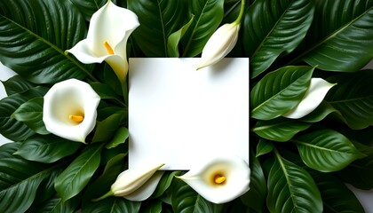 An elegant display of white calla lilies and lush green leaves, framing a blank card, ideal for adding text or a message. It's a perfect visual for conveying feelings of love, sympathy.