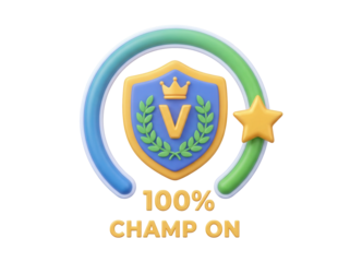 A 3D icon of a victor icon with a progress icon, symbolizing a champion and a completion rate, with a star for a successful completion.