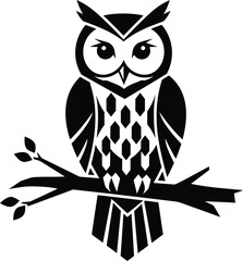 Wise owl illustration on branch for education logo design, nocturnal bird animal badge, nature predator emblem and isolated on transparent wildlife graphic sketch