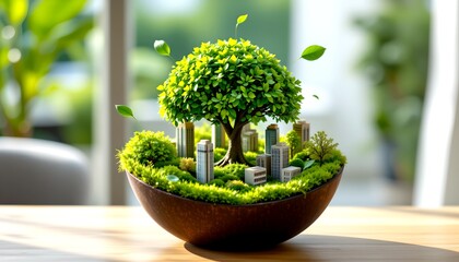 A small green tree and building are in a decorative container, representing harmony between nature and the cityscape