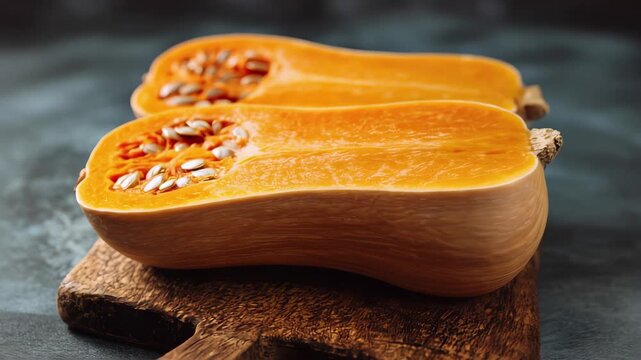 Butternut Squash Halved Showing Seeds on Rustic Wooden Board vegetable food