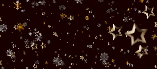 Abstract Christmas background featuring golden stars and snowflakes on a dark burgundy backdrop, ideal for holi
