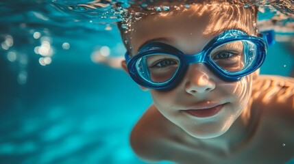 Naklejka premium Underwater close-up portrait of a smiling young boy wearing blue swim goggles in a pool with clear turquoise water and sunlight filtering through.
