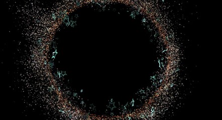 Elegant abstract design featuring a shimmering ring of star-shaped particles and dust against a black backdrop, perfect for