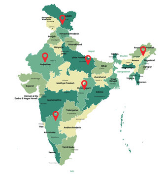 India map with states names and location pins